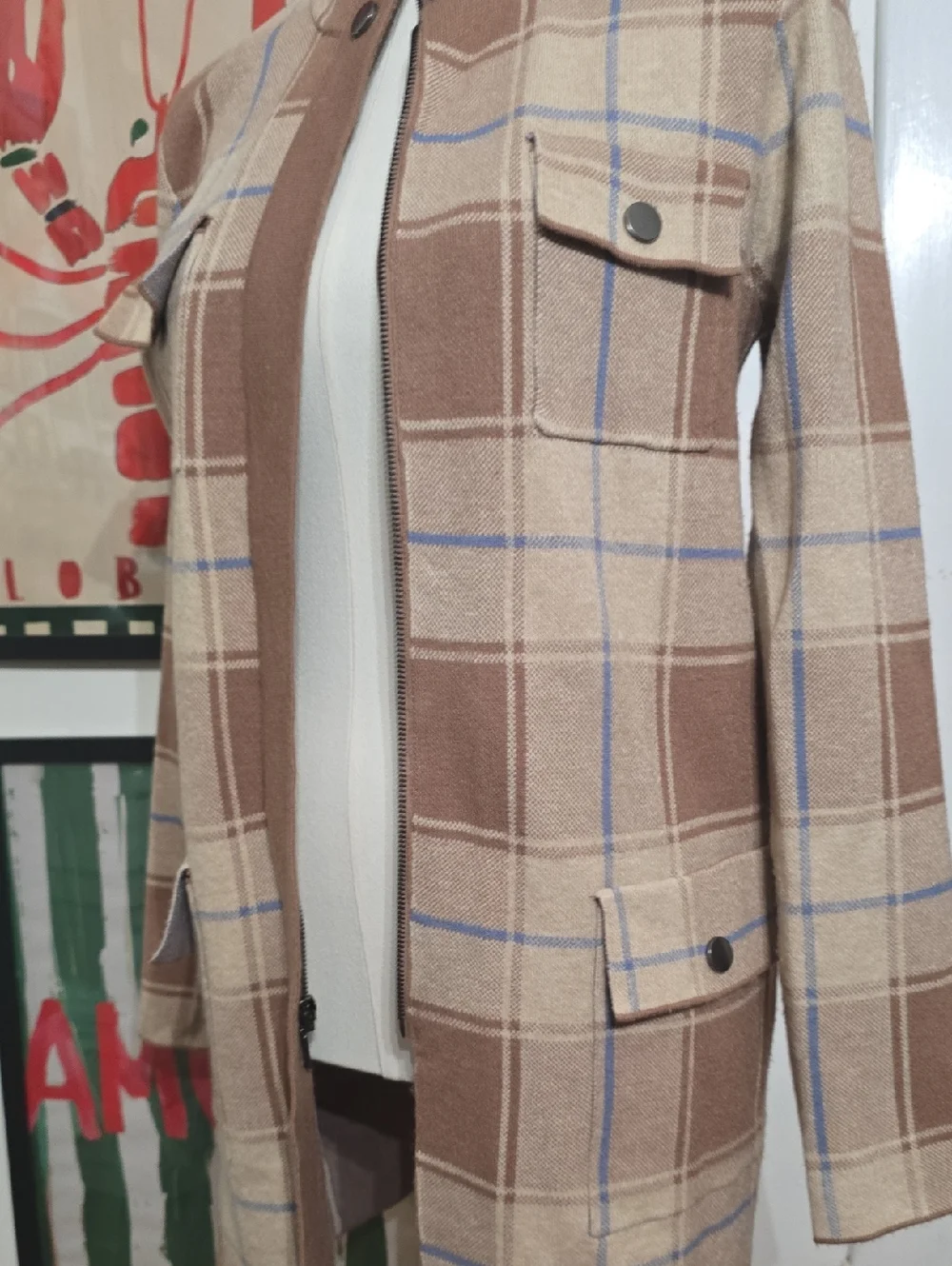 Max Studio Beige Brown Plaid Coat with Blue Accents Long Sweater Duster Large - Picture 2 of 3